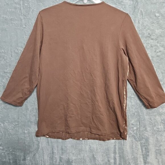 Quacker Factory size small top Brown 3/4 sleeve cotton blend sparkle embellished - Picture 8 of 10